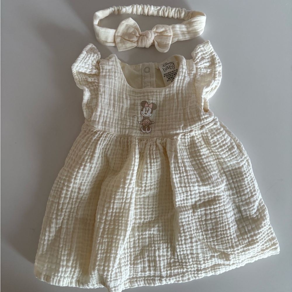 Cream Mickey Mouse Disney Baby Dress with Headband and Diaper Cover